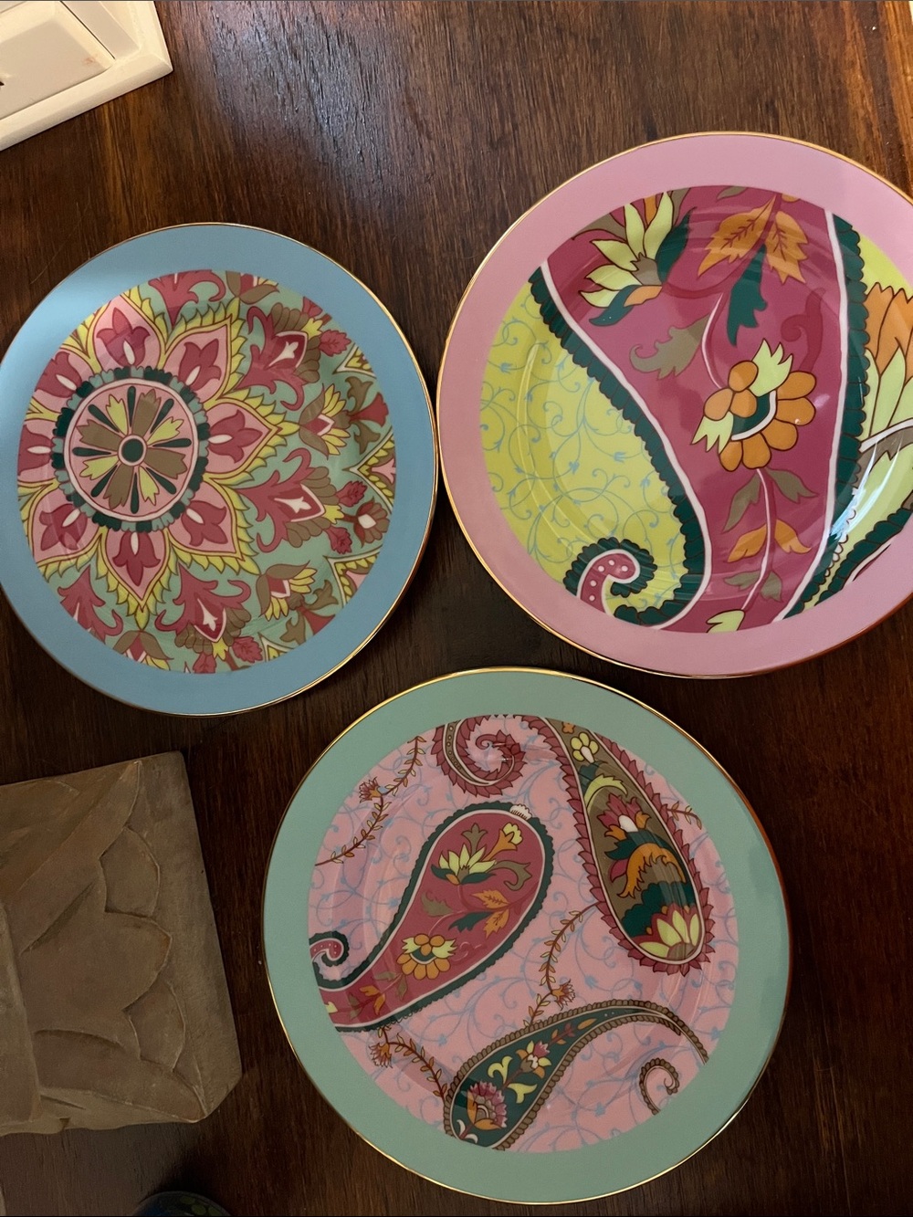 Set of 3 Decorative Paisley & Floral Ceramic Plates - Pink, Mint, Blue
